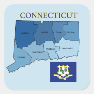 Pegatina Cuadrada Mapa y bandera de Connecticut con condados