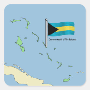 Pegatina Cuadrada Mapa y bandera de las Bahamas