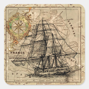 Pegatina Cuadrada Mapa y barco del antiguo general de Francia