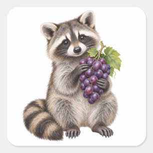 Pegatina Cuadrada Mapache acuarela con uvas moradas