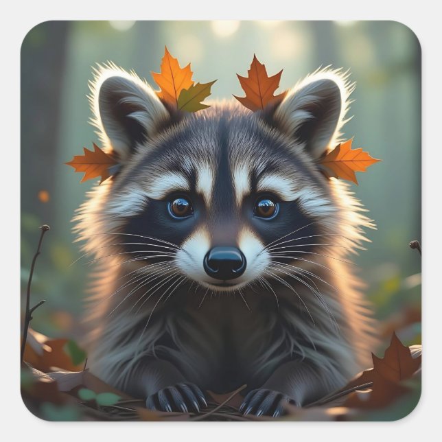 Pegatina Cuadrada Mapache Adorable en Hojas de Otoño (Anverso)