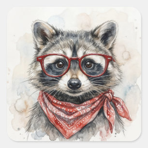 Pegatina Cuadrada Mapache con gafas rojas