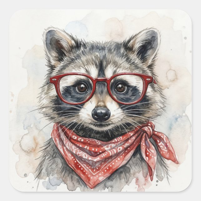 Pegatina Cuadrada Mapache con gafas rojas (Anverso)