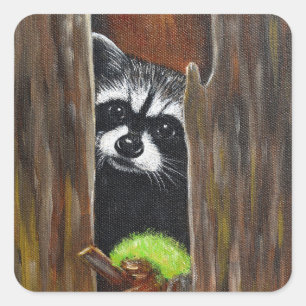 Pegatina Cuadrada Mapache en un árbol Pintura