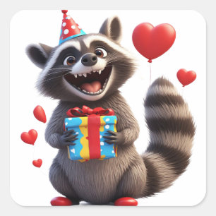 Pegatina Cuadrada Mapache Feliz Con Globos Y Regalo 🎁