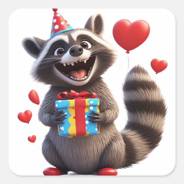 Pegatina Cuadrada Mapache Feliz Con Globos Y Regalo 🎁 (Anverso)