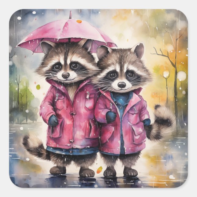 Pegatina Cuadrada Mapaches Lindos bajo la Lluvia (Anverso)