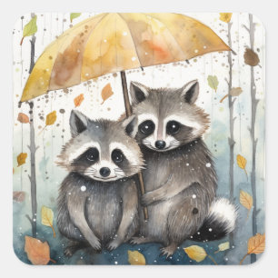 Pegatina Cuadrada Mapaches Lindos en la Lluvia