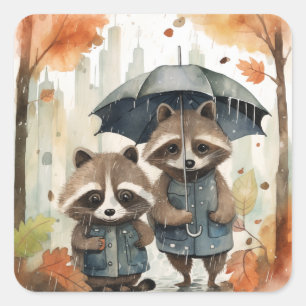 Pegatina Cuadrada Mapaches Lindos en la Lluvia