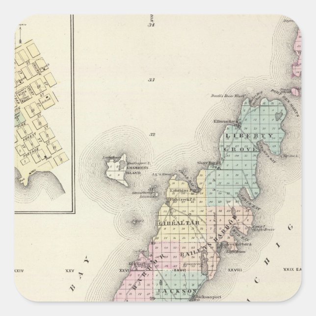 Pegatina Cuadrada Mapas del condado de Door, bahía del esturión y de (Anverso)