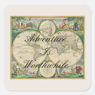 Pegatina Cuadrada mapas del mundo antiguo citas de aventuras de viaj