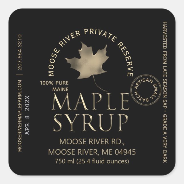 Pegatina Cuadrada MAPLE SYRUP Reserva Privada Gold Leaf Harvest Fech (Anverso)
