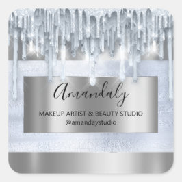Pegatina Cuadrada maquillaje Belleza Purpurina Marco Plateado Azul B