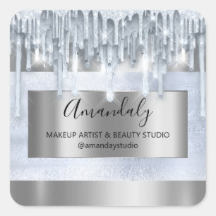 Pegatina Cuadrada maquillaje Belleza Purpurina Marco Plateado Azul B