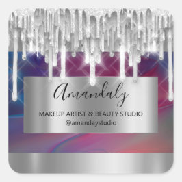 Pegatina Cuadrada maquillaje Belleza Purpurina Marco Plateado Gracia