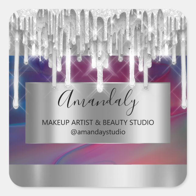 Pegatina Cuadrada maquillaje Belleza Purpurina Marco Plateado Gracia (Anverso)