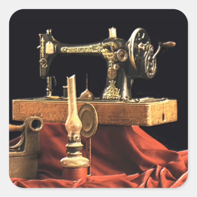 Pegatina Cuadrada Máquina de coser de época (Anverso)