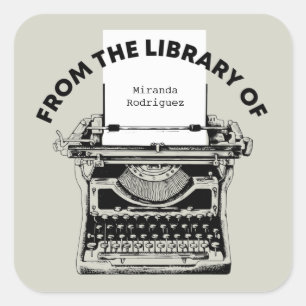 Pegatina Cuadrada Máquina De Escritura Vintage De La Biblioteca De B
