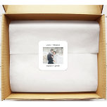 Pegatina Cuadrada Máquina minimalista | Gracias Boda de fotos<br><div class="desc">Estos simples y minimalistas stickers de bodas muestran tu foto personal favorita junto con tus nombres y las palabras "amor   gracias" en el texto de apariencia de máquina de escribir negro.</div>