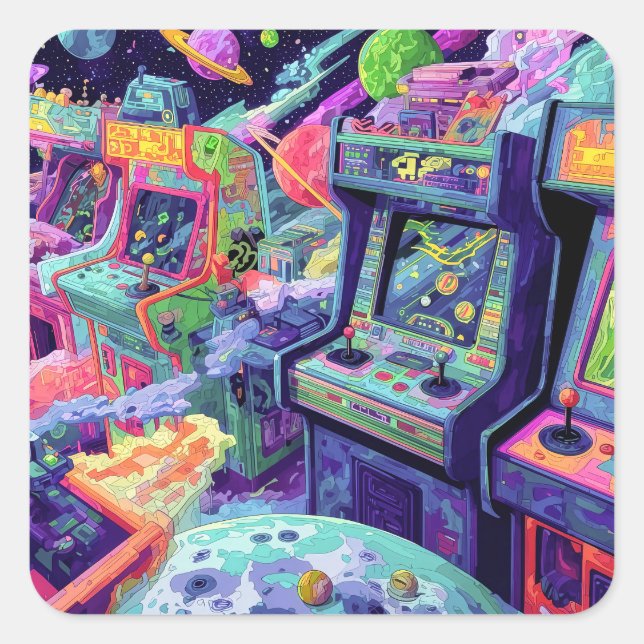 Pegatina Cuadrada Máquinas Retro de Arcade en el Espacio (Anverso)