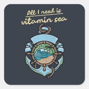 Pegatina Cuadrada Mar Vitaminico Ancla Náutica Ola Cita Playa Océano