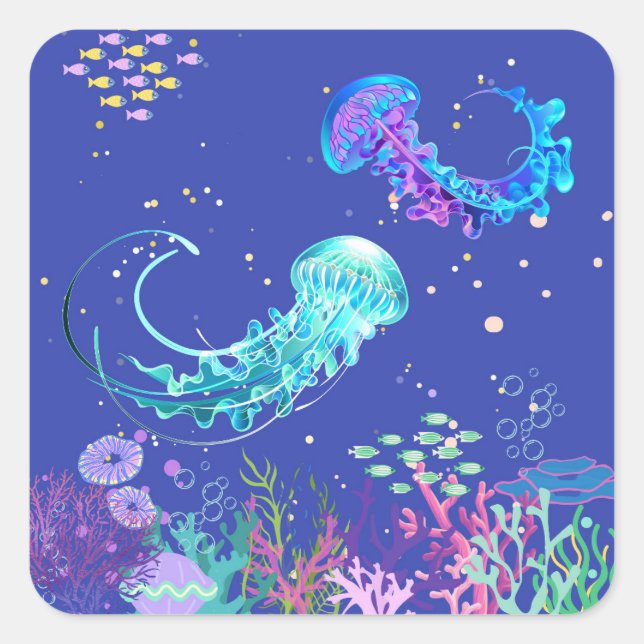 Pegatina Cuadrada Maravillosa medusa subacuática (Anverso)