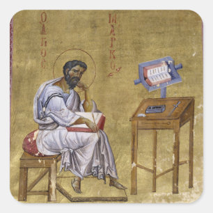 Pegatina Cuadrada Marca evangelista sentada en su estudio Icono biza
