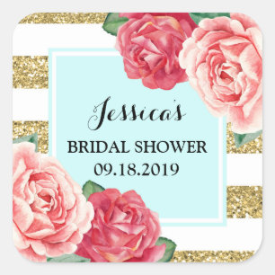 Pegatina Cuadrada Marca Turquoise Gold Pink Floral Bridal Shower Fav