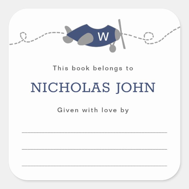 Pegatina Cuadrada Marcador Baby Shower Monograma Airplane Boy (Anverso)