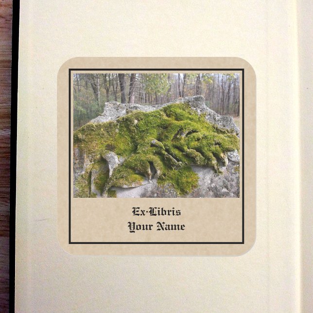 Pegatina Cuadrada Marcador de cabeza roto Mossy (Mossy Broken Headstone Bookplate in Book)