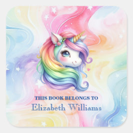 Pegatina Cuadrada Marcador de nombre personalizado de unicornio arco