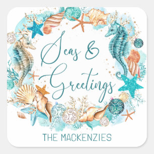 Pegatina Cuadrada Marcas de caballito de mar costero y granjas