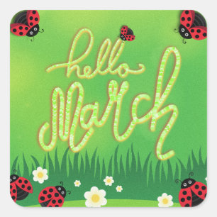 Pegatina Cuadrada Marcha de saludo con verde minimalista ladybug