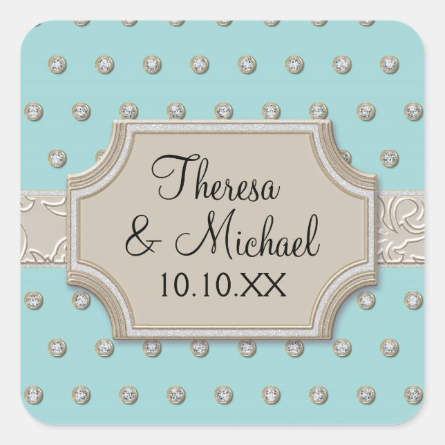 Pegatina Cuadrada Marco Art Deco Champagne puntos de joyas plateadas (Anverso)