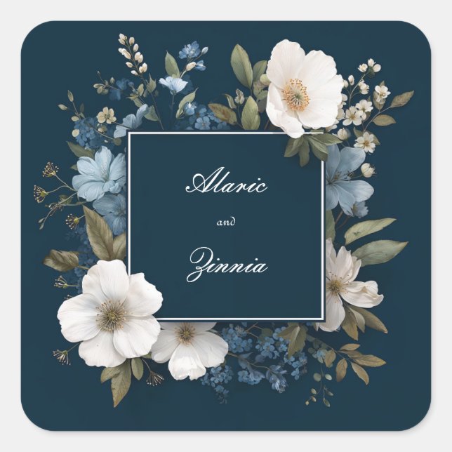 Pegatina Cuadrada Marco Cuadrado Moderno Floral Anémona Azul Marino  (Anverso)