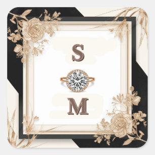 Pegatina Cuadrada Marco de boda de marfil dorado con adorno elegante