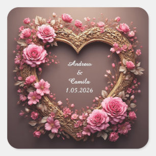 Pegatina Cuadrada Marco de Corazón Elegante Decorado con Rosas Rosad