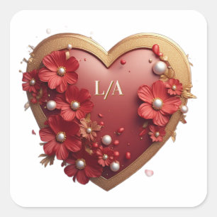 Pegatina Cuadrada 💙Marco de Corazón Floral Rojo Romántico Regalos d