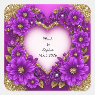 Pegatina Cuadrada Marco de Corazón Morado con Brillo y Flores