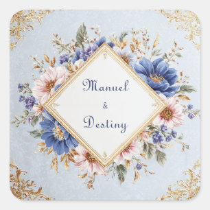 Pegatina Cuadrada Marco de Diamante Floral Rosa Azul Dorado Romántic