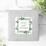 Pegatina Cuadrada Marco de efecto invernadero | Boda botánico acuare<br><div class="desc">Selle sus sobres de invitación o favores con estos elegantes stickers de boda botánicos de invierno con sus nombres enmarcados por un borde cuadrado de color agua exuberante en tonos verdes,  sobre un fondo blanco y fresco. Coordina con nuestra colección de bodas de Greenhouse.</div>