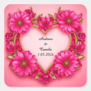 Pegatina Cuadrada Marco de Flor en Forma de Corazón con Flores Rosad