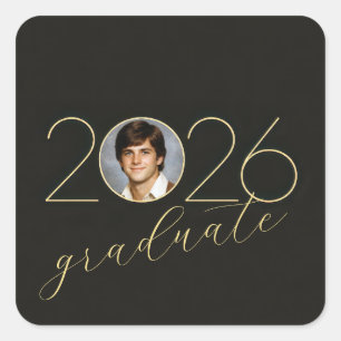 Pegatina Cuadrada Marco de foto de graduado 2026 en negro