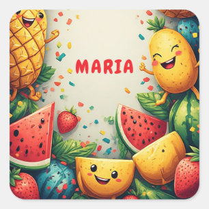 Pegatina Cuadrada Marco de Frutas de Verano con Fondo de Confeti de