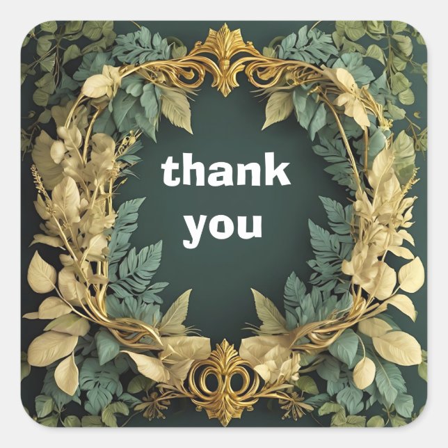 Pegatina Cuadrada marco de hojas doradas y verdes gracias (Anverso)