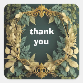 Pegatina Cuadrada marco de hojas doradas y verdes gracias