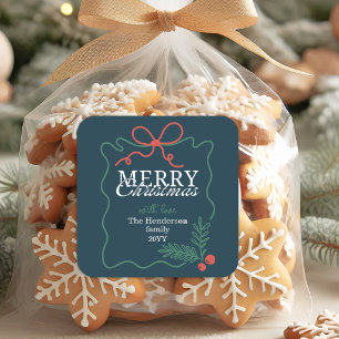 Pegatina Cuadrada Marco de Navidad azul teal dibujado a mano Feliz N