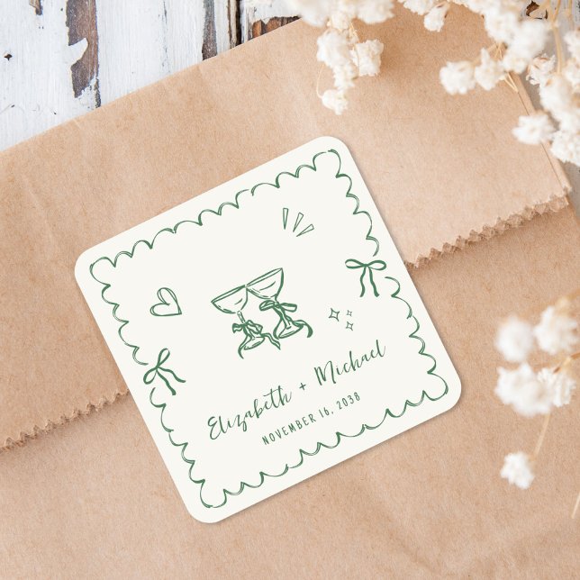 Pegatina Cuadrada Marco de onda verde caprichoso crema boda (Whimsical Green Wavy Frame Cream Wedding Square Sticker)
