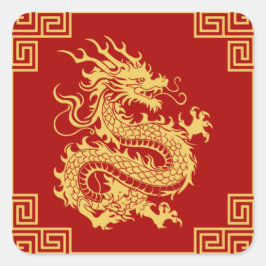 Pegatina Cuadrada Marco de Ornamento Griego Patrón Dragón Oro Rojo