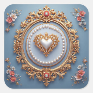 Pegatina Cuadrada Marco de oro ornamentado con corazón de gema